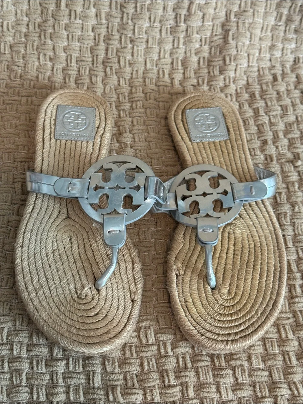 Tory Burch Silver Logo Rope-Trim Thong Sandals